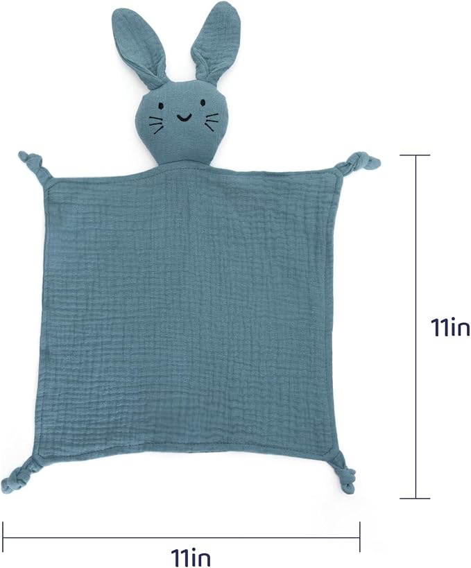 Organic Cotton Muslin Bear & Bunny Lovey Blanket for Newborns, Soft & Breathable Security Blanket for Babies, Ideal Self-Soothing Solution (Bunny-Blue)