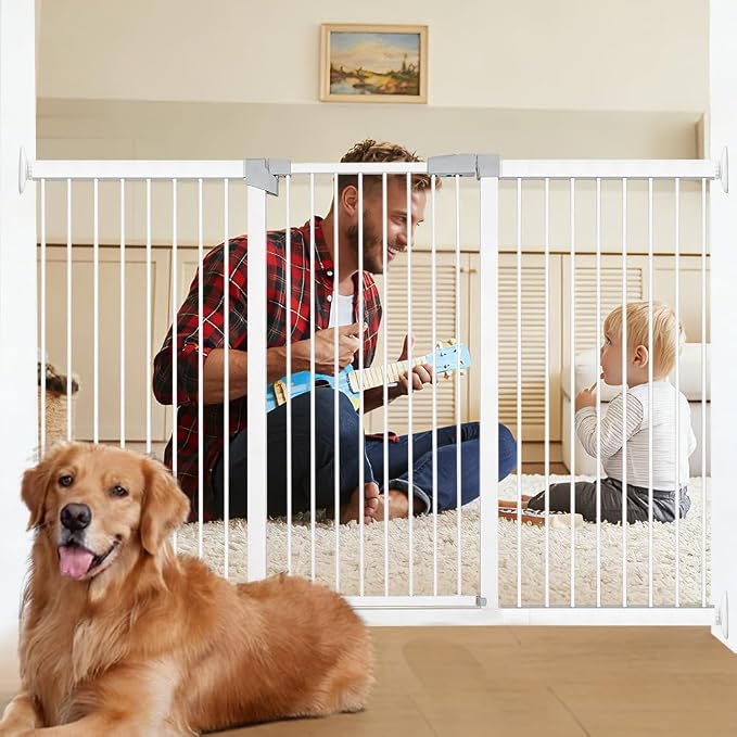 Extra Wide Dog Gate for Doorways Hallways 71.2"-76.7", 30 in Tall Baby Gates with Door No Drill, Auto Close Child Safety Gate for Pet Kid Doggie Cat Proof, Large Long Dog Barrier Indoor House, White
