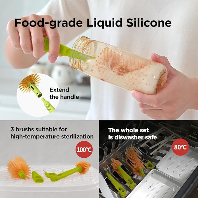 YOTIME Travel Bottle Brush, Travel Bottle Cleaner Kit with Foldable Bottle Drying Rack, for Visit Friends and Relations, Baby Travel Essentials, BPA Free, White