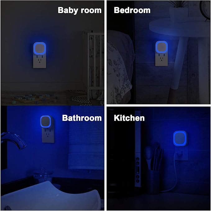 YUNLEX 6 Pack Plug in Blue Night Light, Dusk to Dawn Sensor, LED Nightlight for Mood Lighting, Glare-Free Reflected Light, Dimmable, Auto On/Off Light for Bathroom, Hallway, Gaming Room, Home Decor