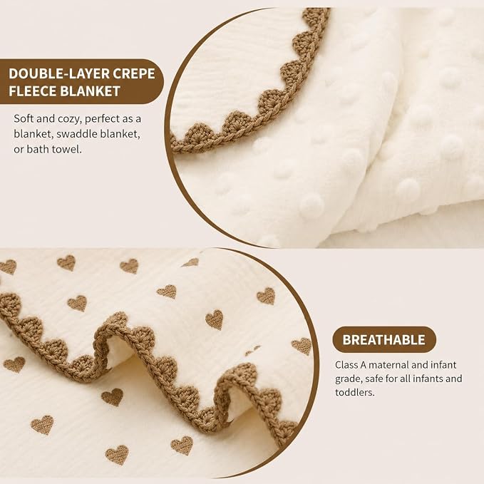 Muslin Swaddle Blankets for Newborns, Baby Fleece Blanket, 40 x 40 Inches, Soft Breathable Baby Blanket (Hearts)