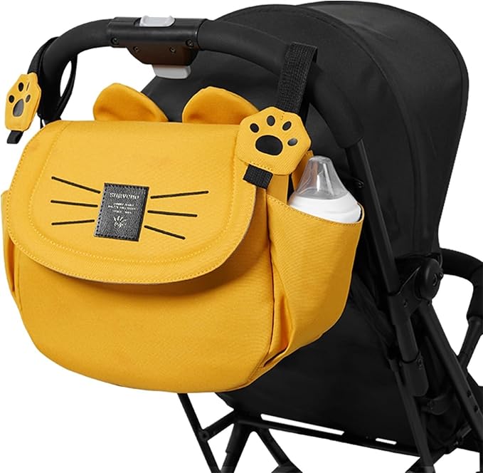 SUNVENO Kitty Stroller Organizer Bag ??Universal Baby Stroller Caddy with 2 Cup Holders, Adjustable Straps, Waterproof Oxford, Lightweight Travel Accessory for Strollers, Prams & Pushchairs,Yellow