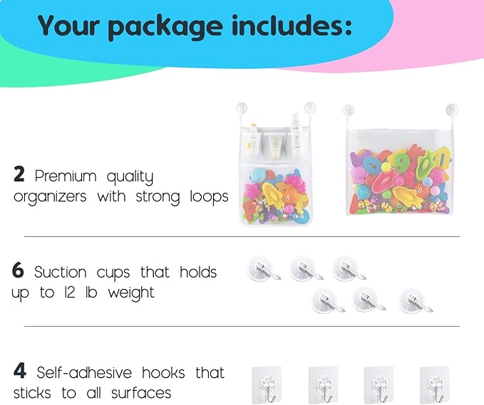 2 x Mesh Bath Toy Organizer + 8 Ultra Strong Hooks ??The Perfect Bathtub Toy Holder & Bathroom or Shower Caddy ??These Multi-use Net Bags Make Baby Bath Toy Storage Easy ??For Kids & Toddlers