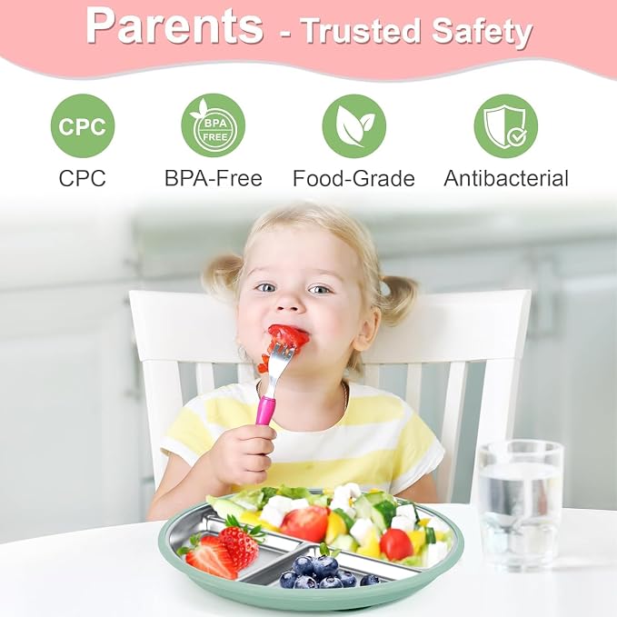Bella's Friends Life Toddler Plates with Silicone Suction, Stainless Steel Non-Slip Baby Plates,Divided Portion,Food-Grade Silicone Plate for Kids,LEAD-FREE Dishwasher Safe