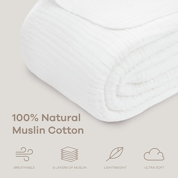 Comfy Cubs Muslin Blanket for Adults Twin 90" x 66" - 6 Layer Soft, Breathable & Lightweight Muslin Adult Blanket - Machine Washable & Designed in The US Bedding for All Seasons - White