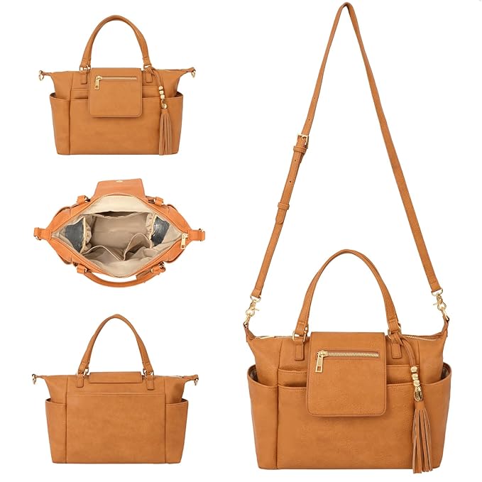 Omanmoli Small Diaper Bag,Mini Diaper Bag Tote, Leather Crossbody Diaper Clutch With 12 Pocekts Diaper Purses for Women Girls,Crossbody Strap,2 Insulated Pockets,Honey