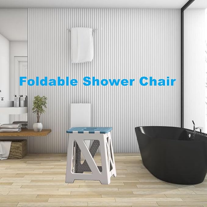 Foldable Bath Shower Safety Chair Seat Blue, Foldable and Anti-Slip Bench Bathtub Stool for Elderly or Seniors (Foldable ShowerChair 15.7" H Blue Seat Size 12.4" x 8.3“)