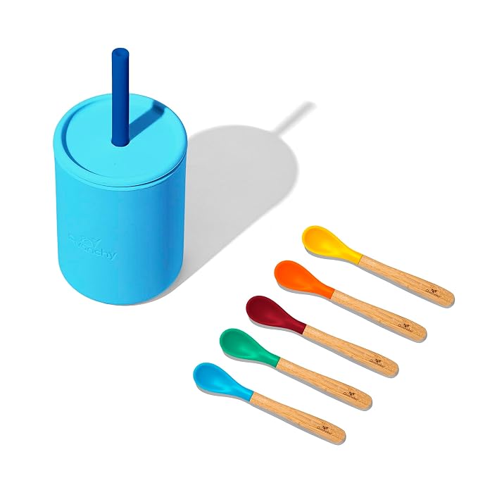 Avanchy 5oz Silicone Sippy Cup Blue Bamboo 5 Infant Spoons Blue