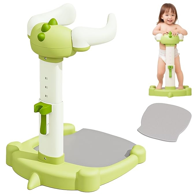 Baby Shower Stand, Baby Standing Bath with Anti-Pinch Adjustable Height and Armrest, Shower Standing Support with Anti-Slip Base and Mat for Infants 6-36 Months -Green