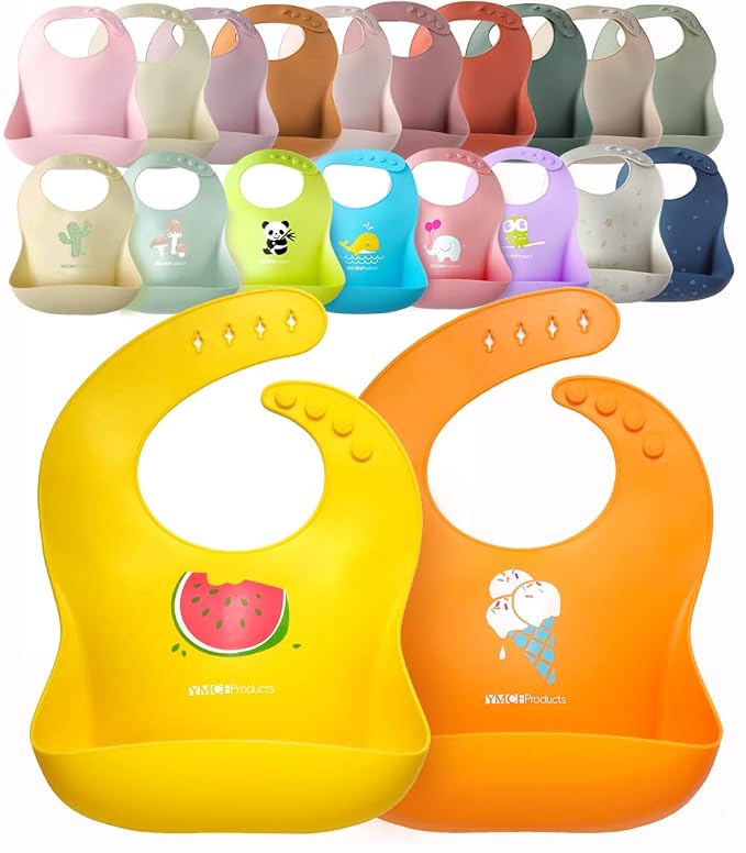 2-Pack Waterproof Silicone Baby Bib Lightweight Comfortable Easy-Wipe Clean (Orange/Yellow, Large)
