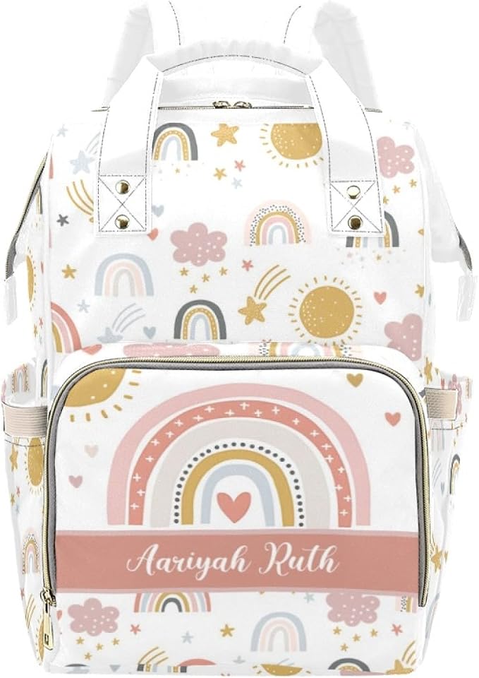 Custom Baby Diaper Bags with Name, Rainbow Personalized Diaper Bag Backpack Mommy Bag Diaper Nappy Bags Casual Daypack Travel Shoulder Bag for Mom Dad Multi Color
