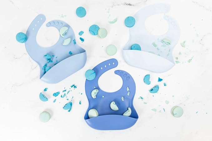 Baby Silicone Bibs Set Of 3 | Muted Blue | Infant Toddler Feeding | Waterproof, Durable, Adjustable