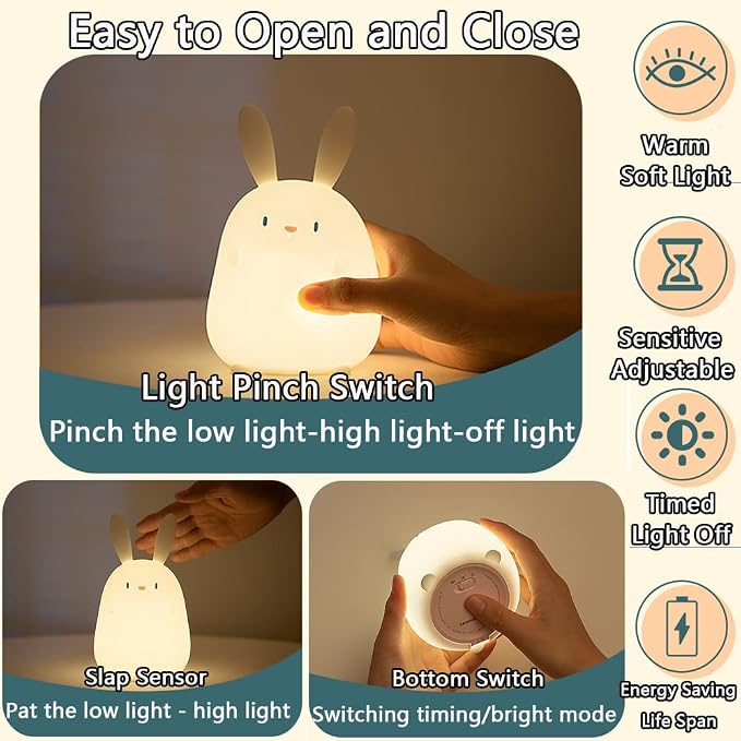 LEDHOLYT LED Cute Rabbit Night Light, Cute Silicone Bunny Lamp and Animal NightLight,LED Squishy Animal Light for Sleep,Kawaii Bedside Lamp Room,Rechargeable Bedside Touch Silicone Lamp (Rabbit)