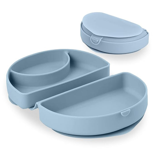 Miniware Fold & Scoop Baby Feeding Set - Silicone Travel Baby Plate With Suction & Baby Spoon - Compact, Portable, Dishwasher-Safe, Suction Base for Mess-Free Eating (Aquamarine and Aqua)