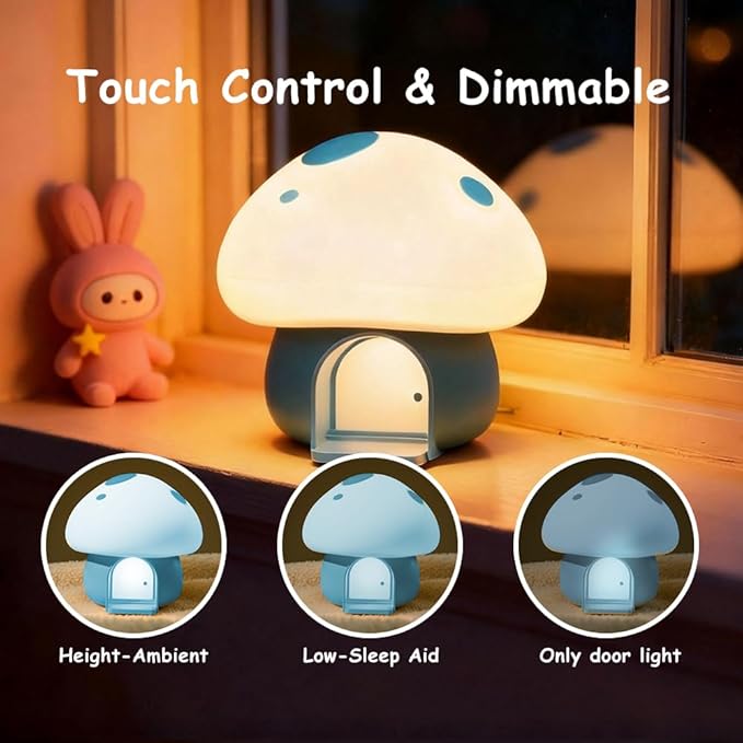 Kids Night Light, Mushroom Bunny Silicone Nursery Lamp, Tap Control 3-Level Dimmable, 30/60Min Timer, 1200mAh Rechargeable Cordless LED Bedside Sleep Light for Toddler Baby Bedroom (Blue)