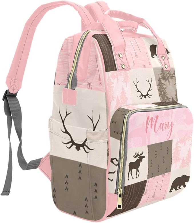 Personalized Woodland Deer Bear Diaper Bag with Name – Custom Baby Bag, Nursing Tote Backpack for Mom, Custom Name Mommy Daypack, Shower Gift for Baby
