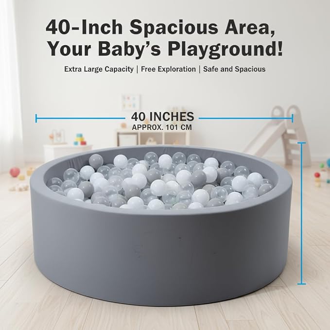 Foam Ball Pit for Toddlers - 36.5" x 13.2" Toddler Ball Pit (Includes 150 Balls),100% Cotton Cover & High-Resilience Memory Foam, Machine Washable, Foldable for Indoor/Outdoor (Grey)