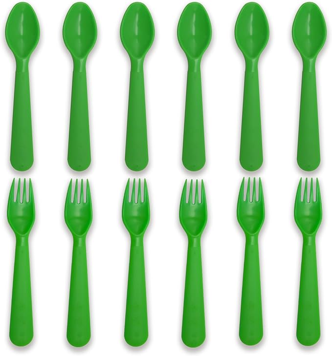 12 Pcs Kids Spoons and Forks Toddler Utensils Plastics Reusable Silverware Baby Cutlery Set Feeding Dinnerware Utensils BPA Free Microwave Dishwasher and Freezer Safe- Green