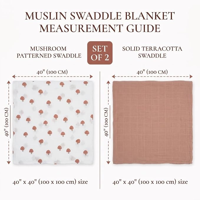 Lulujo Baby Swaddle Blankets | Unisex Softest Breathable Cotton Muslin Swaddle Blanket Set | Neutral Receiving Blanket for Girls & Boys | 40in x 40in | Mushroom & Sand | 2-Count