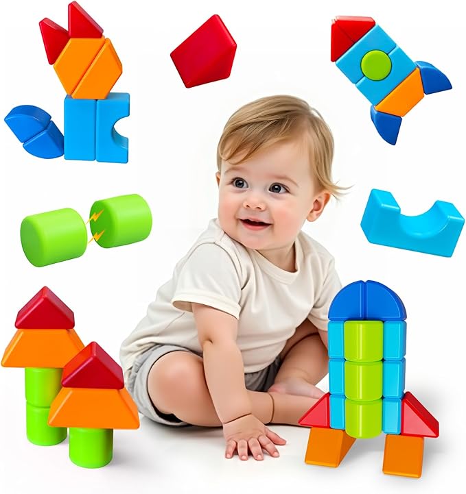 Pairez Toys Magnetic Building Blocks, Large Magnetic Blocks for Kids Ages 1-3, 3D Geometric Shapes Stacking Blocks Set, Montessori Sensory Toys for Toddlers, Boys & Girls (12pcs)