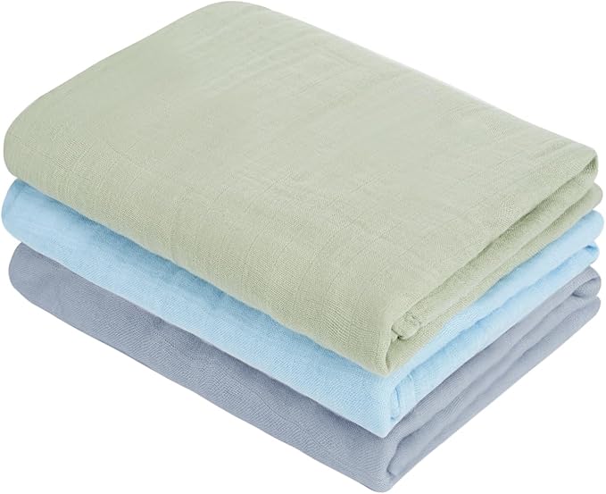 MIGIOL swaddles for Newborns Muslin Swaddle Blankets Baby Essentials for Newborn 47 X 47inches 3 Packs Receiving Blankets (Blue and Green 3 Pieces)