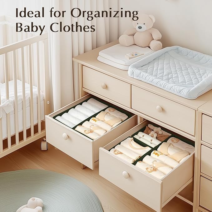 DIMJ Drawer Organizers Clothes, Set of 16 Dresser Organizer Bins, Fabric Closet Organizers and Storage, Shallow Drawer Dividers for Nursery, Clothing, Baby Clothes, Socks, Underwears, Tie (Green)