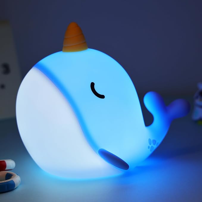 Whale Night Light, Narwhal Squishy Night Lamp with 3-Level Dimmable & 30 Mins Auto-Off & Rechargeable, Cute Bedside Animal Whale Decor for Nursery, Baby Kids Room