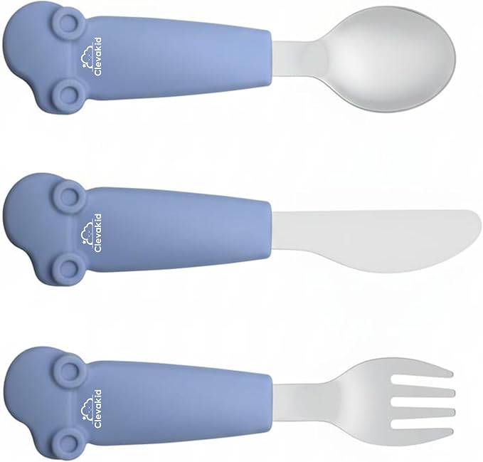 Stainless Steel Silverware Set – Silicone Handle Fork, Spoon & Knife – BPA-Free, Self-Feeding Toddler Utensils | Car Design (Blue)