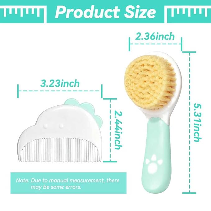 Baby Hair Brush and Comb Set, Soft Bristles Cradle Cap Brush for Newborns, Toddlers, Baby Registry Gift (Green)