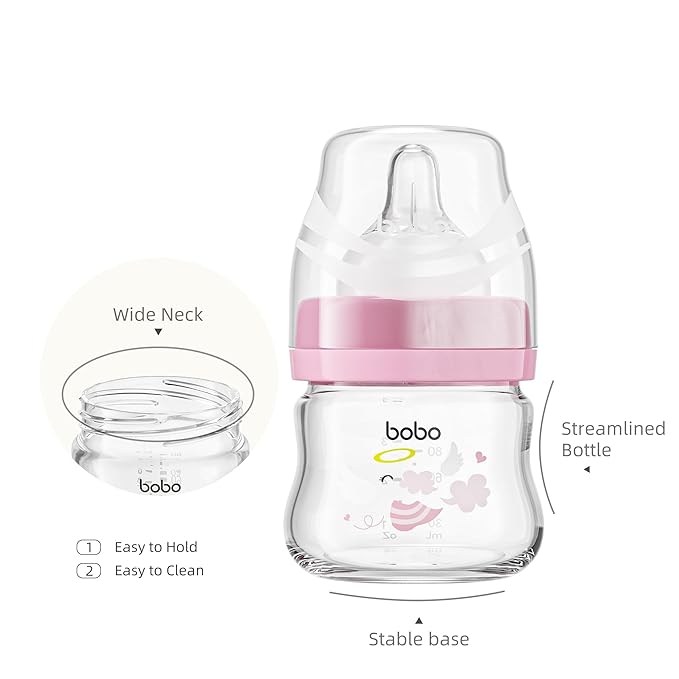 YOHKOH Glass Baby Bottles with Slow Flow Nipple, Newborn Anti-Colic Baby Bottles for 0+ Months, Wide Neck Feeding Bottle, Clear (Red, 2.7oz (Pack of 2))