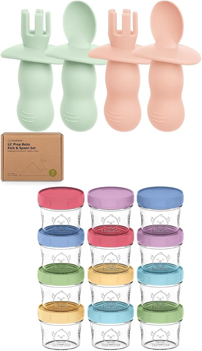 Keababies 4-Pack Silicone Baby Spoons and Forks Set and 12-Pack Baby Food Glass Containers - Baby Spoon Self Feeding, BLW Baby Utensils - 4 oz Leak-Proof, Microwavable, Baby Food Storage Container