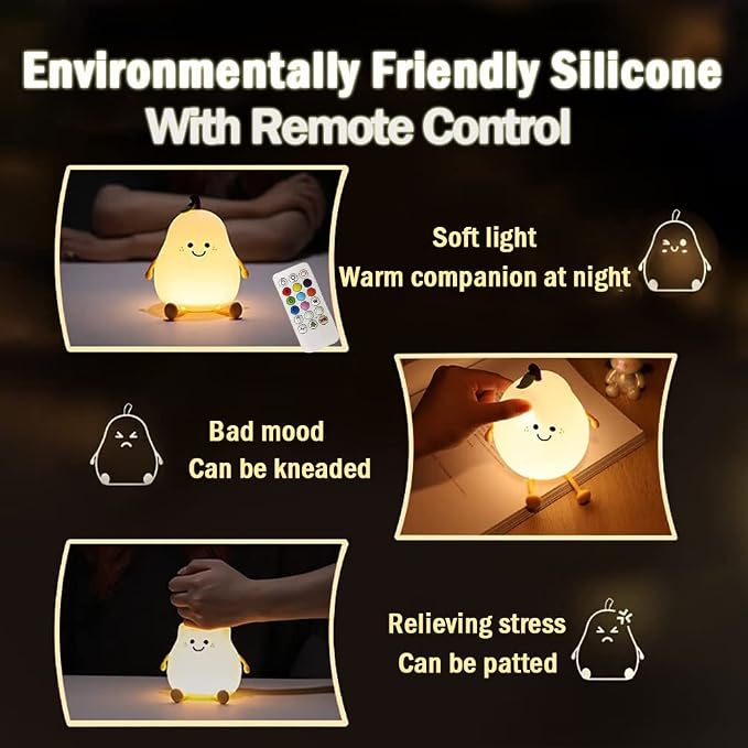 Cute Pear Night Light for Kids, Silicone Fruit Pear Lamp with Remote, Squishy Kawaii Bedside Cute Lamp, Adjustable Brightness NightLight for Bedroom, Rechargeable Soft NightLight for Room Decoration
