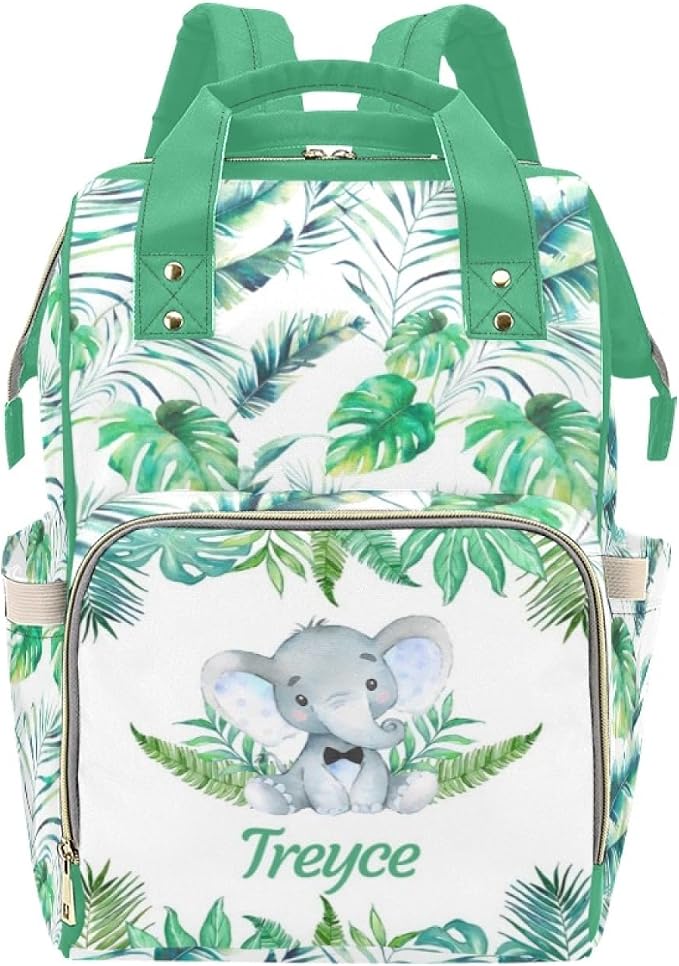 Custom Diaper Bag with Name Personalized Elephant Leaf Nylon Travel Backpack for Holiday Travel Customized Nappy Changing Bag with Pockets for New Mom