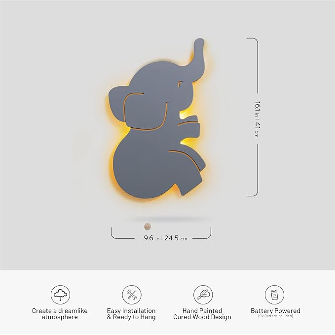 Lumipets Lighted Elephant, Nursery Night Light, Wall Mounted Lighted, Battery Operated Cloud Light Sign–Lightweight Crescent Cloud Night Light for Babies, Toddlers, Kids