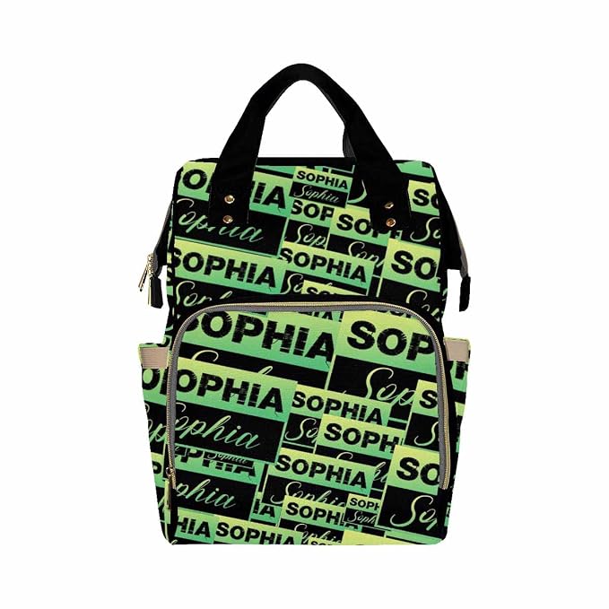 InterestPrint Custom Name Backpack, Personalized Green Label Logo Text Nappy Bags Customized Diapering Bag Backpack Casual Daypack Travel Shoulder Bag for Hiking Camping Work