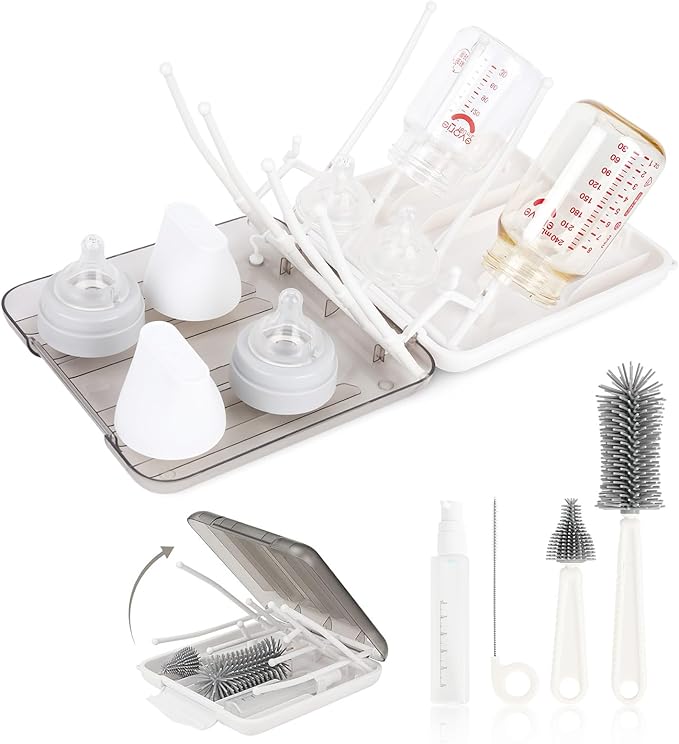 Baby Bottle Brush Set, 6-in-1 Travel Bottle Cleaning Kit with Silicone Bottle Brush, Nipple & Straw Brush, Soap Dispenser, Drying Rack, Storage Box ??Compact Travel Baby Essential for Home & On-The-Go