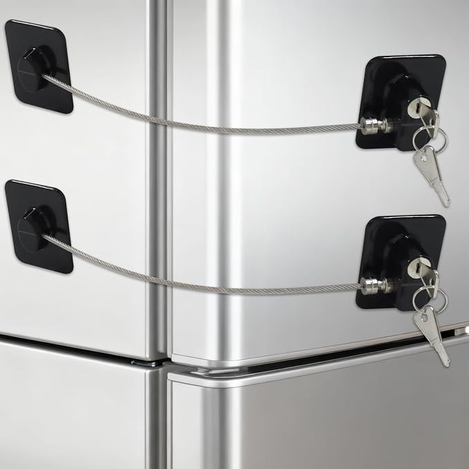 2 Pack Refrigerator Lock, Child Safety Locks with Keys, Easy Install Plastic Latches with Adhesive Backing, for Fridge, Cabinet, Drawer Childproofing, Blcak