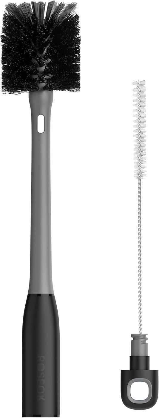 ROSEOK 2 in 1 Long Handle Bottle Brush with Straw Brush for Cleaning Glass, Sports Bottle, Coffee Mug, Black, 1 Pack
