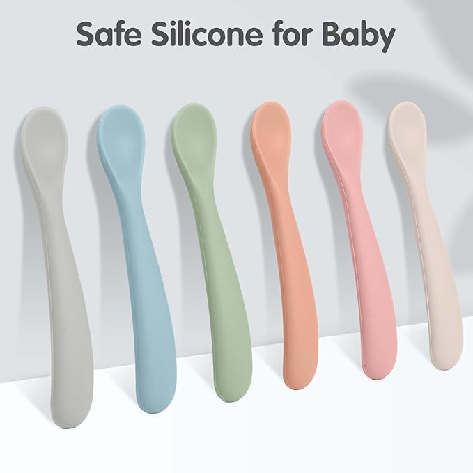 Eascrozn 6 Pack Silicone Baby Spoons, Baby Spoons Self Feeding 6 Months+, BPA Free, Soft Tip Baby Utensils Feeding Spoon, Baby Led Weaning Supplies, Dishwasher and Boil Safe