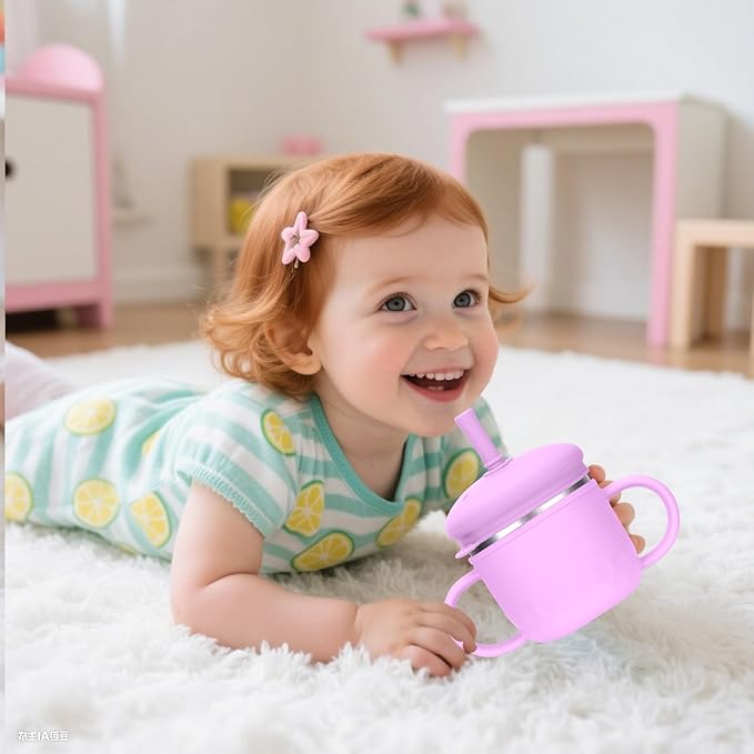 BUSOHA Stainless Steel Toddler Sippy Cup ??8oz Spill-Proof Straw Cup for 6+ Month Babies & Toddlers, 3-in-1 Reusable Travel Cup with Brush ??Dishwasher Safe, Kids Drinking Cup,Purple