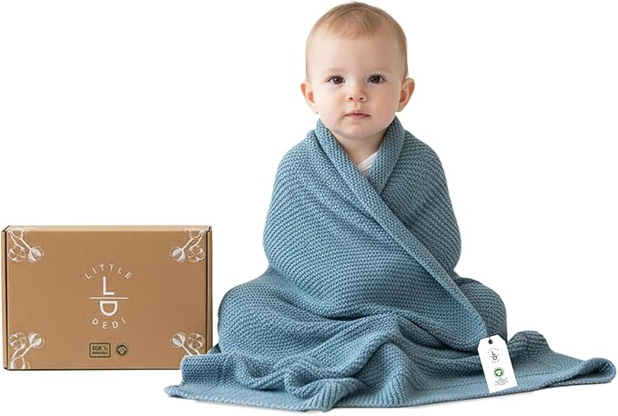 100% Organic Cotton Baby Knitted Blanket with Gift Box - Soft Toddler, Crib, Stroller Blanket - Neutral Swaddle and Receiving Blanket for Newborns, 30"x40", Smoke Blue