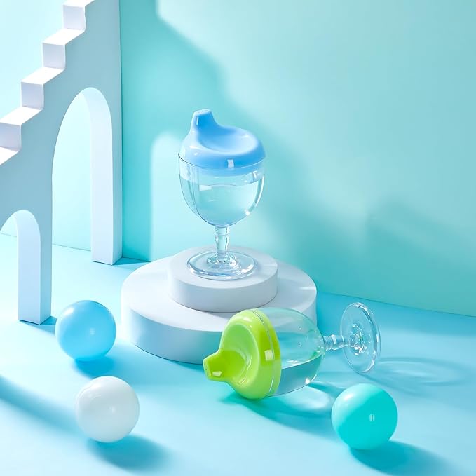 Irenare 2 Pcs Baby Wine Sippy Cup Plastic Goblet Cup No Spill Toddler Sippy Goblet Beverage Milk Water Bottle for Kids Holiday Birthday Party Funny Gift (Goblet Style,Blue,Green)