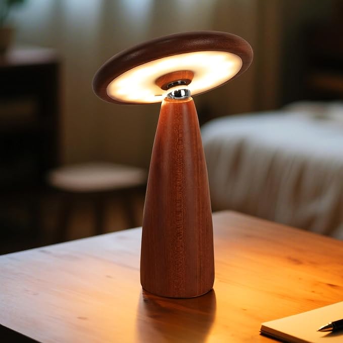 LONRISWAY LED Wood Portable Cordless Touch Switch Small Wooden Mushroom Lamp,Rechargeable Battery Operated, Stepless Dimming, 360 Degree Rotation Angle Adjustable Night Light