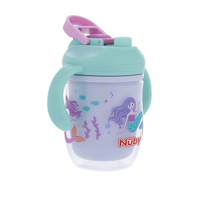 Nuby 2-in-1 Insulated Toddler Cup with 360° Weighted Straw & Hard Spout - 7 oz - Leak-Resistant with Easy Grip Handles - 4+ Months - Mermaids