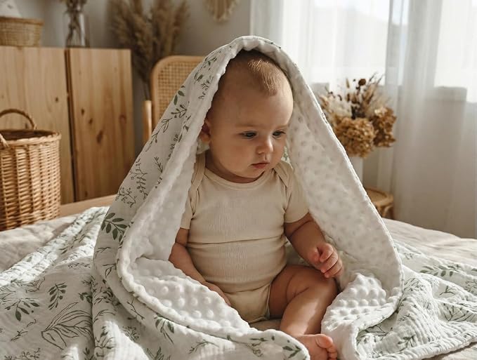 GLLQUEN BABY Blankets for Boys Girls, Soft Muslin Cotton Front Dotted Fleece Backing, Nursery Minky Crib Blanket for Infant Toddler, 30 x 40 inches Throw Blanket, Green & Leaves