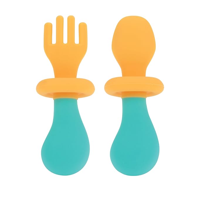 Nuby First Fork and Spoon Set - Utensils with Safety Guards for Babies 6+ Months - Orange and Aqua