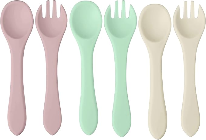 PandaEar Silicone Baby Spoon and Fork Set | 6 Pack First Stage Toddler Self Feeding Utensils 6-12 Months, 3 spoons & 3 forks | LED Weaning Spoons