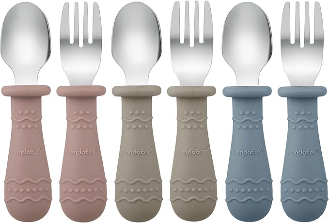 PandaEar Silicone Baby Spoons & Toddler Utensils (Blue/Brown/Red)