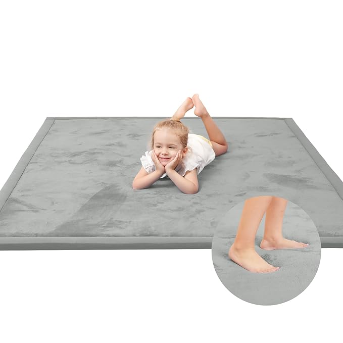 Baby Play Mat for Floor,1.3" Thick Elasti-Foam 74×50 Playpen Mat for Toddlers Infant Kids,Water-Repellent Soft Coral Velvet for Tummy Time, Non-Slip Backing for Crawling,Tatami Style(Light Grey)