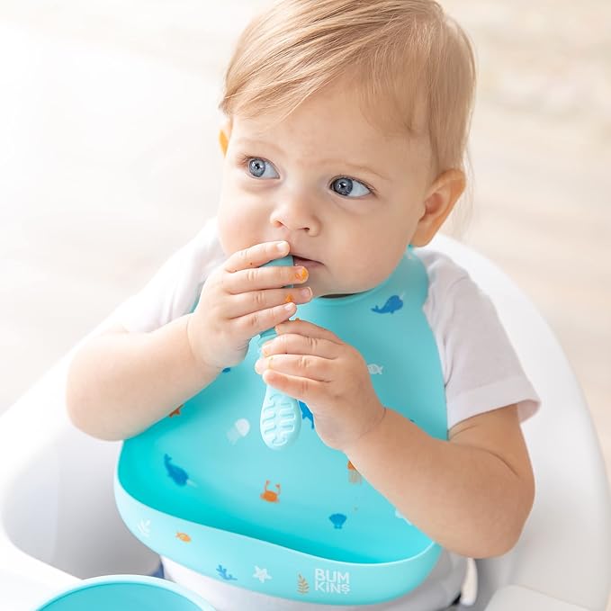 Bumkins Baby Utensil Set, Silicone Trainer Spoons for Dipping, Soft Tip, Self-Feeding, Chew, Baby Led Weaning, First Year Training Supplies, Essentials in Learning Eating, 4 Mos, 3-pk Blue and Green